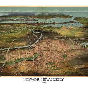 Newark, New Jersey en 1916 - Carte vue plongeante, aérienne, panorama, vintage, antiquité, reproduction, giclée, beaux-arts, art mural, histoire