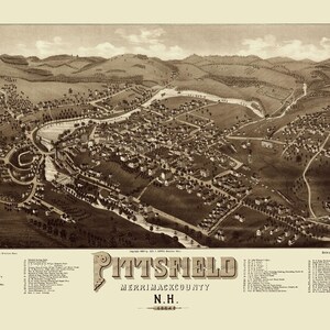 Pittsfield, New Hampshire en 1884 - Vue aérienne, aérienne, panorama, vintage, carte ancienne, reproduction, giclée, beaux-arts, carte murale, histoire