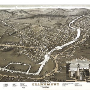 Claremont, New Hampshire in 1877 - Bird&#39;s Eye View Map, Aerial, Panorama, Vintage, Antique, Reproduction, Giclée, Framable, Fine Art