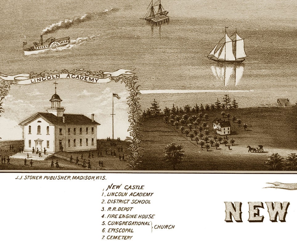 Newcastle & Damariscotta, Maine in 1878 Bird's Eye View Map, Aerial