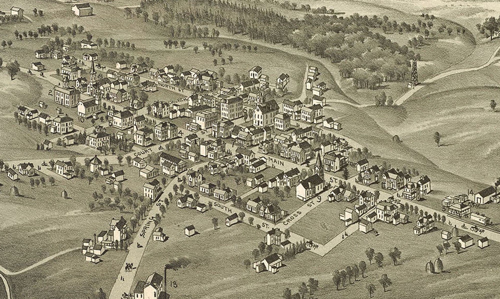 Harrisville, West Virginia in 1899 Bird's Eye View Map, Aerial