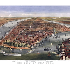 La ville de New York en 1870 - Carte vue aérienne, aérienne, panorama, vintage, antiquité, reproduction, jet d'encre, encadré, beaux-arts