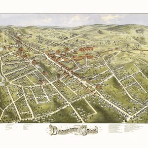 May include: An antique bird's-eye view map of Danbury, Connecticut, showing the town's layout with streets, buildings, and surrounding landscape. The map is printed in shades of green, brown, and red, with a detailed depiction of the town's infrastructure and natural features.