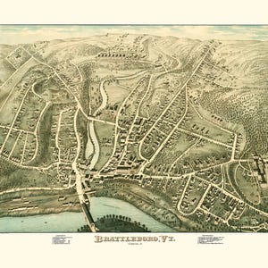 Brattleboro, Vermont in 1876 - Bird&#39;s Eye View, Aerial map, Panorama, Vintage, Antique map, Reproduction, Giclée, Framable map, Fine Art