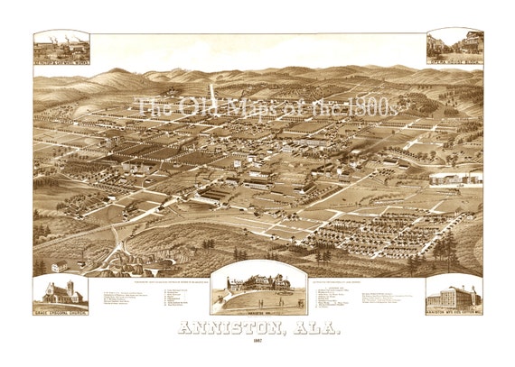 18x24 1887 Tuskaloosa Alabama Vintage Old Panoramic City Map