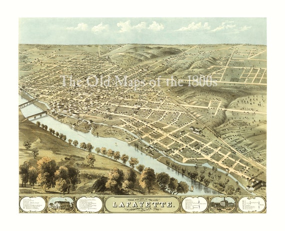 Panoramic Old City Map 1868 Lafayette Historic Birds Eye View Vintage Map Art Print Indiana Map Panoramic Old City Map 1868 Lafayette Historic Birds Eye View Vintage Map Art Print Indiana Map