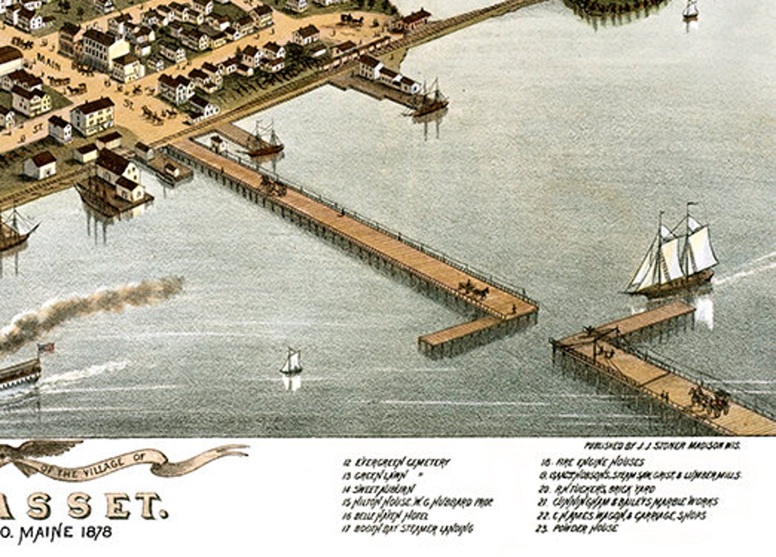 Wiscasset, Maine in 1878 Bird's Eye View Map, Aerial, Panorama, Vintage