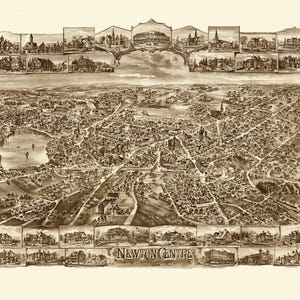 May include: Sepia-toned vintage map of Newton Centre, Massachusetts, featuring an aerial view of the town with detailed streets, buildings, and a central lake. The map includes inset illustrations of notable buildings and the text "Newton Centre".