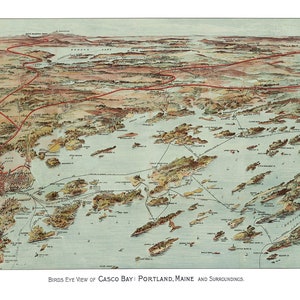 Casco Bay, Portland, Maine et ses environs 1906 - Vue à vol d'oiseau, carte aérienne, panorama, vintage, carte ancienne, reproduction, beaux-arts