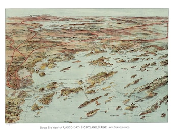 May include: A vintage bird's eye view map of Casco Bay, Portland, Maine and surrounding areas. The map shows the coastline, islands, and waterways of the region. The map is drawn in a detailed style with a light blue background and brown and green landmasses.