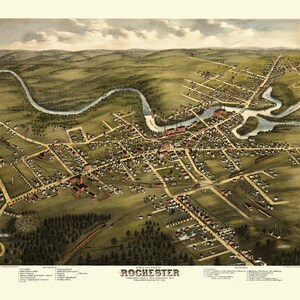 Rochester, New Hampshire en 1877 - vue aérienne, aérienne, panorama, vintage, carte ancienne, giclée, beaux-arts, carte murale, histoire