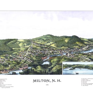 Milton, New Hampshire en 1888 - carte avec vue plongeante, aérienne, panorama, vintage, antiquité, reproduction, giclée, beaux-arts, art mural, histoire