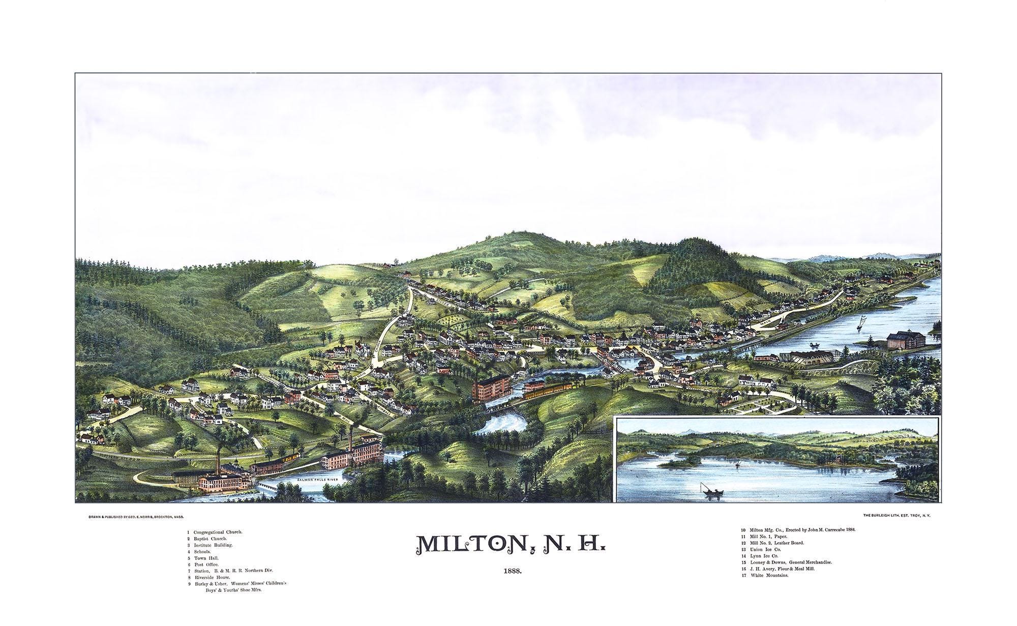 Milton, New Hampshire in 1888 - Bird's Eye View Map, Aerial, Panorama,  Vintage, Antique, Reproduction, Gicle, Fine Art, Wall Art, History - Etsy