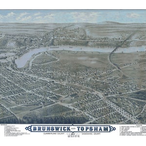 May include: An antique bird's-eye view map of Brunswick and Topsham, Maine, printed in 1867. The map shows the towns' layout, including roads, buildings, and the Androscoggin River. The map is in shades of blue and gray, with a key listing points of interest.