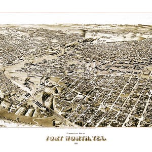 Fort Worth, Texas in 1891 - Bird&#39;s Eye View, Aerial Map, Panorama, Vintage map, Antique map, Reproduction, Giclée, Fine Art, Wall Art