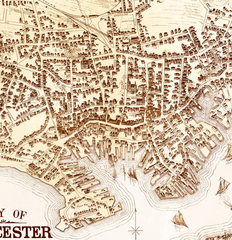 May include: An antique map of the city of Worcester, Massachusetts, with detailed streets and buildings. The map is drawn in brown ink on a cream-colored background. The map shows the city's harbor and surrounding waterways.