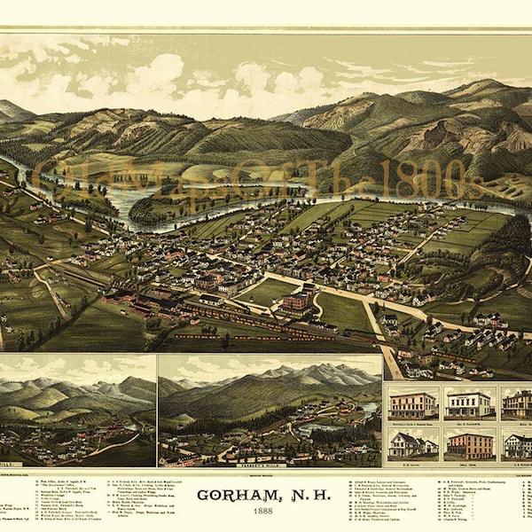 Gorham, New Hampshire in 1888 - Bird's Eye View Map, Aerial, Panorama, Vintage, Antique, Reproduction, Giclée, Framable, Fine Art