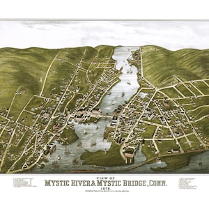 May include: An antique map of Mystic River and Mystic Bridge, Connecticut, from 1879. The map shows the town in detail, including the river, bridge, and surrounding buildings. The map is in a vintage style, with hand-drawn lines and lettering.