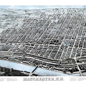 Manchester, New Hampshire en 1876 - Vue aérienne, vue aérienne, panorama, carte vintage, carte ancienne, reproduction, giclée, beaux-arts, carte murale