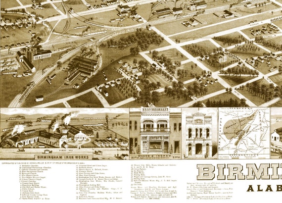 20x30 Bird's Eye View 1885 Birmingham AL Vintage Style City Map 