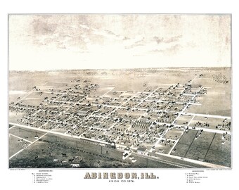 Abingdon, Illinois in 1874 - Bird's Eye View, Map, Aerial, Panorama, Vintage, Antique, Reproduction, Giclée, Fine Art, Wall Art, History