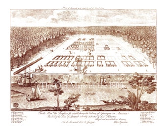 Savannah, Georgia in 1734  - Bird's Eye View, Aerial, Panorama, Vintage, Antique, Reproduction, Giclée, Fine Art, Wall Art, History