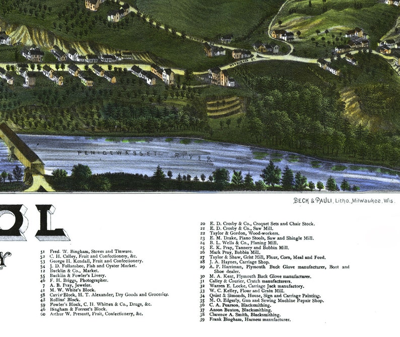 Bristol, New Hampshire in 1884 Bird's Eye View Map, Aerial, Panorama, Vintage, Antique