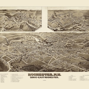 Rochester, Gonic et East Rochester New Hampshire en 1884 - Vue à vol d'oiseau, aérienne, panorama, vintage, carte ancienne, beaux-arts, carte murale