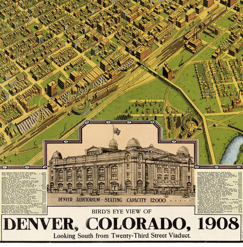Denver, Colorado in 1908 Bird's Eye View Map, Aerial Map, Panorama