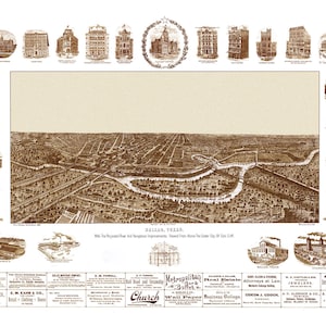 Dallas, Texas in 1892 - Bird&#39;s Eye View, Map, Aerial, Panorama, Vintage, Antique, Fine Art, Wall art
