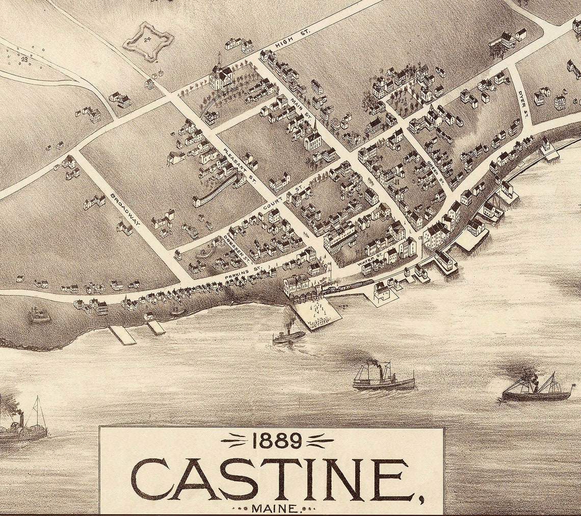 Castine, Maine in 1889 Bird's Eye View Map, Aerial, Panorama, Vintage