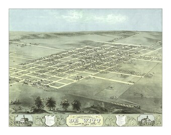 De Witt, Iowa in 1868 - Bird's Eye View Map, Aerial map, Panorama, Vintage, Antique, Reproduction, Giclée, Fine Art, Wall Art, History