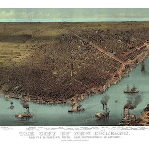 New Orleans, LA in 1885, and the Mississippi River, with Lake Pontchartrain in the background - Bird&#39;s Eye View, Vintage, Antique, Wall art