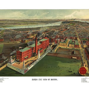 May include: An illustration of a bird's eye view of Boston, Massachusetts, with a large red brick building in the foreground. The building is labelled "World's Largest Candy Store, E.B. Cahoon & Co., Boston, Mass."