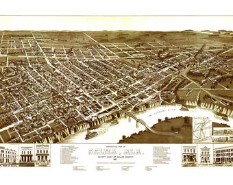 Selma, Alabama in 1887 - Bird's Eye View, Aerial, Panorama, Vintage, Antique Map, Reproduction, Giclée,Fine Art, Wall Map, History