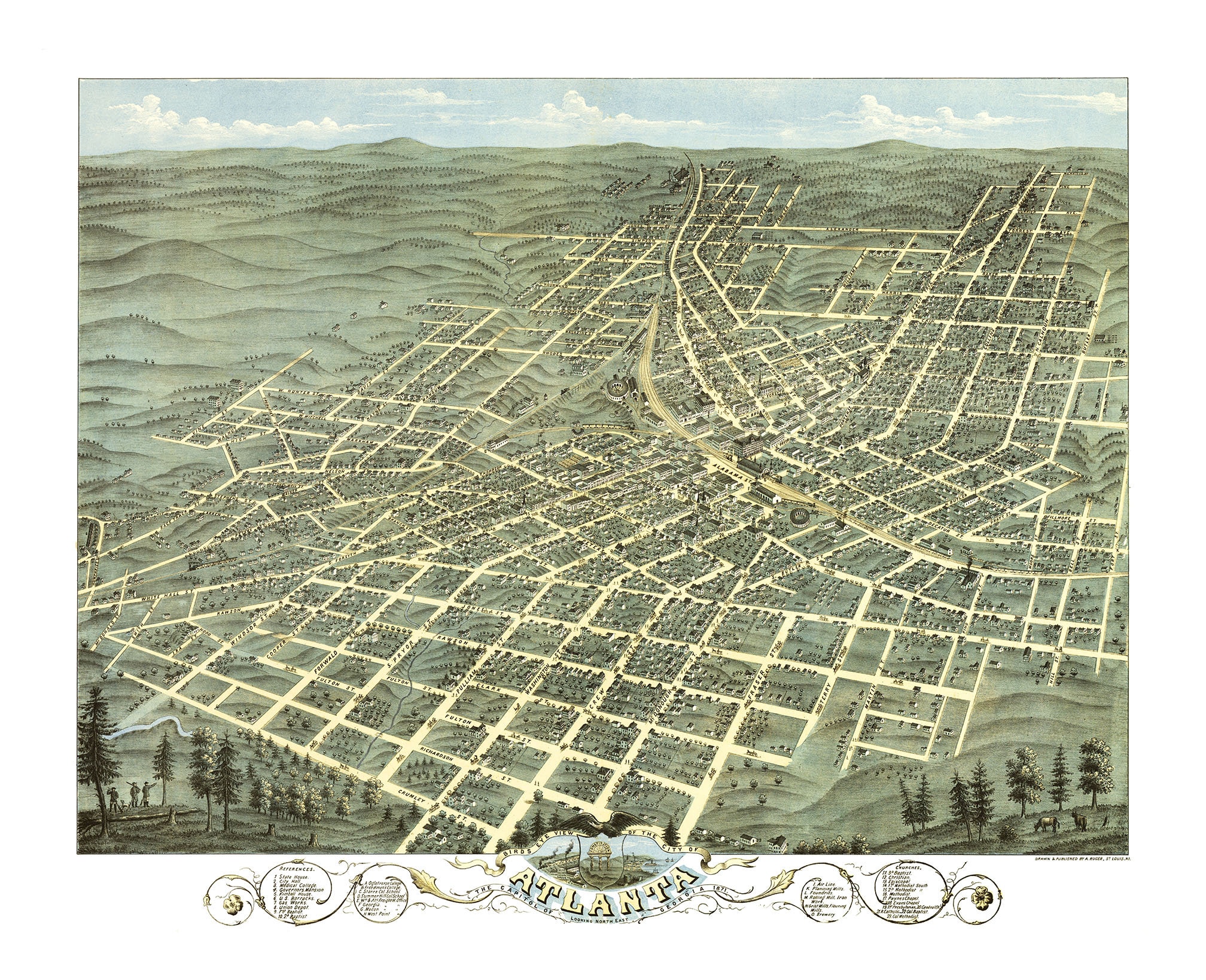 Atlanta, Georgia in 1871 - Bird's Eye View Map, Aerial, Panorama, Vintage, Antique, Reproduction, Giclée, Framable, Fine Art, Wall art