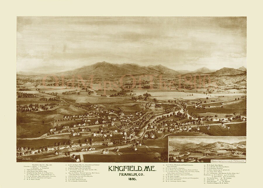 Kingfield, Maine in 1895 Bird's Eye View Map, Aerial, Panorama, Vintage