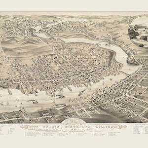 Calais, Maine et St. Stephen et Milltown, Nouveau-Brunswick en 1879 - carte vue plongeante, panorama, vintage, reproduction, giclée, beaux-arts