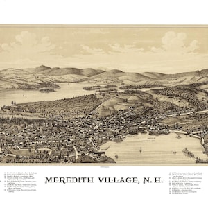 Meredith Village, New Hampshire in 1889 - Bird&#39;s Eye View Map, Aerial, Panorama, Vintage, Antique, Reproduction, Giclée, Fine Art, Wall Map