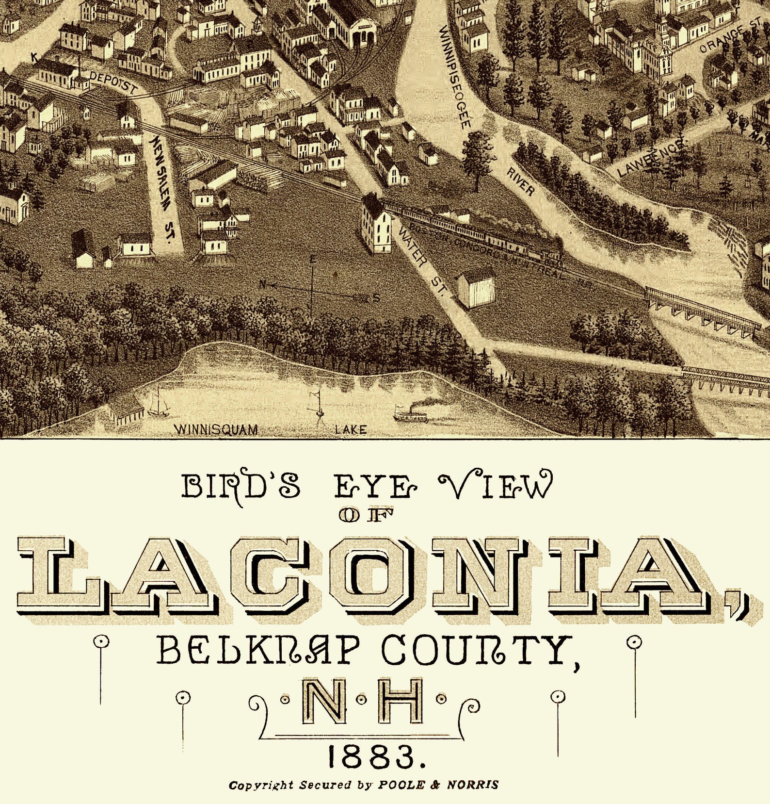 Laconia, New Hampshire in 1883 Bird's Eye View Map, Aerial, Panorama