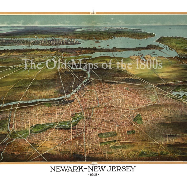 Newark, New Jersey in 1916 - Bird's Eye View Map, Aerial, Panorama, Vintage, Antique, Reproduction, Giclée, Fine Art, Wall Art, History