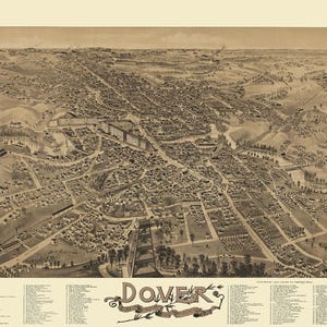 Douvres, New Hampshire en 1888 - Carte avec vue plongeante, aérienne, panorama, vintage, antiquité, reproduction, giclée, encadré, beaux-arts