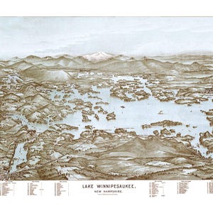 Lake Winnepesaukee, New Hampshire en 1903 - Vue à vol d'oiseau, aérienne, panorama, vintage, antiquité, beaux-arts, carte murale, histoire