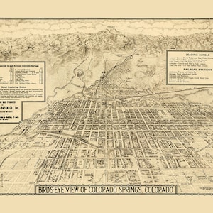Colorado Springs Colorado in 1909 - Bird&#39;s Eye View Map, Aerial, Panorama, Vintage, Antique, Reproduction, Giclée, Fine Art, Wall Map