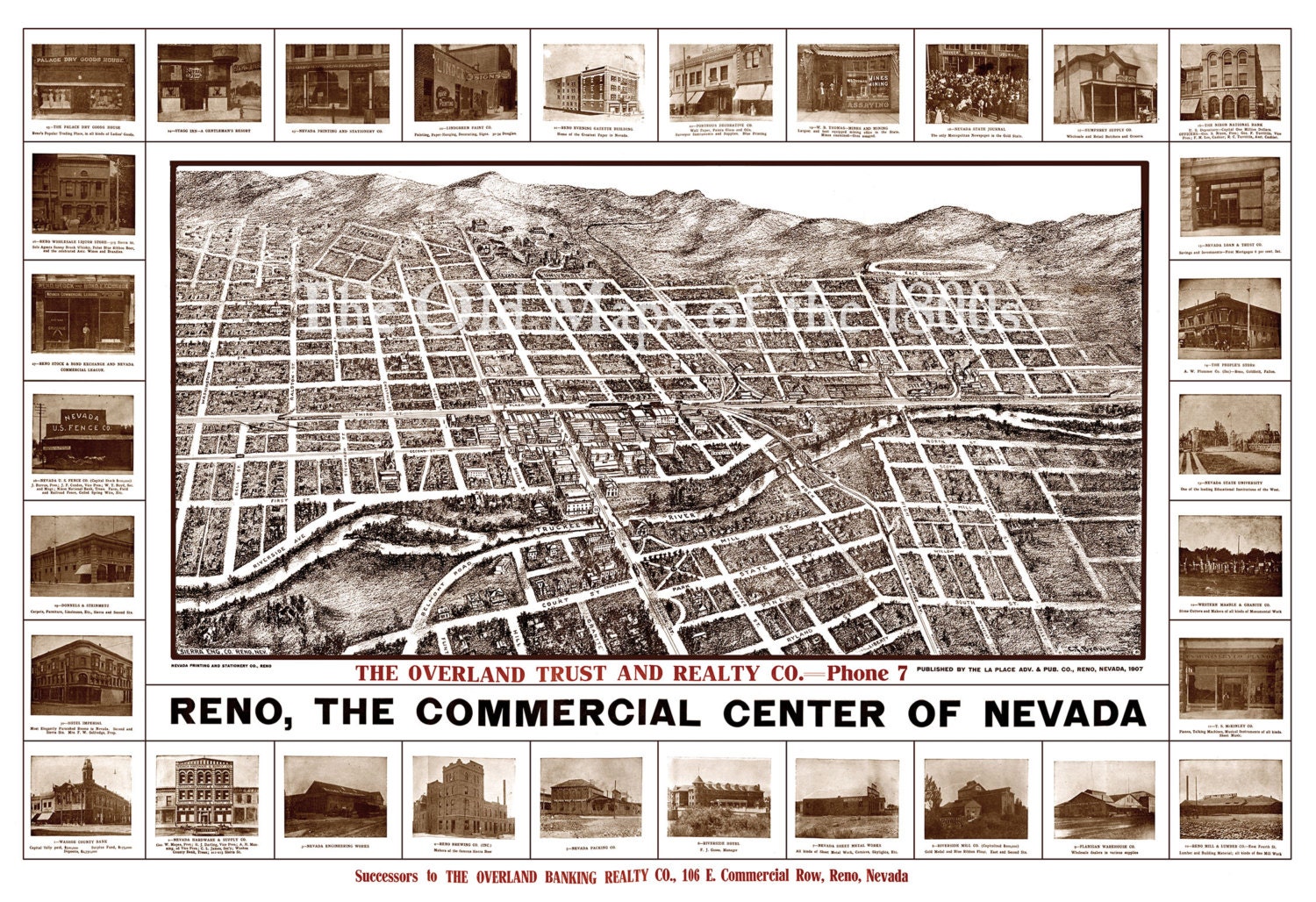 Reno Nevada in 1907 Birds Eye View Map Aerial photo