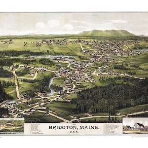 May include: An antique bird's-eye view map of Bridgton, Maine, USA. The map shows the town's layout with roads, buildings, and surrounding landscape. The map is printed in brown, green, and blue tones.