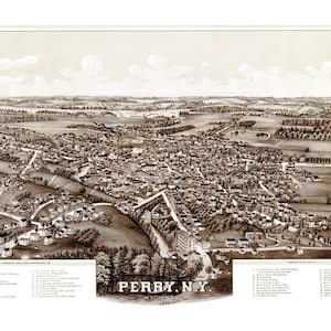 Perry, New York en 1892 - Vue à vol d'oiseau, Aérien, Panorama, vintage, Carte antique, Reproduction, Giclée, Fine Art, Carte murale, Histoire