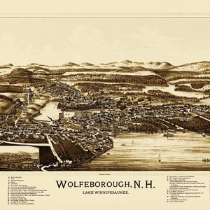 Wolfeboro, New Hampshire en 1889 - Vue aérienne, aérienne, panorama, vintage, antiquité, reproduction, giclée, beaux-arts, carte murale, histoire