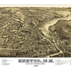 Exeter, New Hampshire en 1884 - Carte avec vue plongeante, aérienne, panorama, vintage, antiquité, reproduction, giclée, encadré, beaux-arts