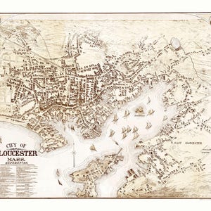 May include: An antique map of Gloucester, Massachusetts, showing the city's streets, waterways, and buildings. The map is drawn in a sepia tone and includes the text "City of Gloucester, Mass. References".